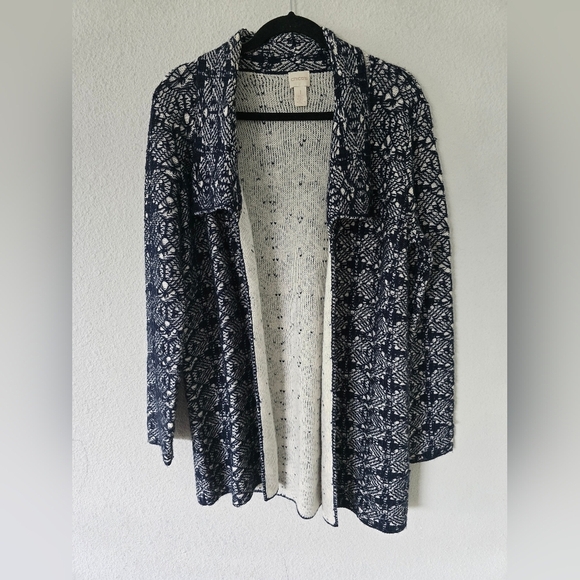 Chico's Long Cardigan Womens Sz L White Blue Sweater Collared Open Aztec - Picture 2 of 12